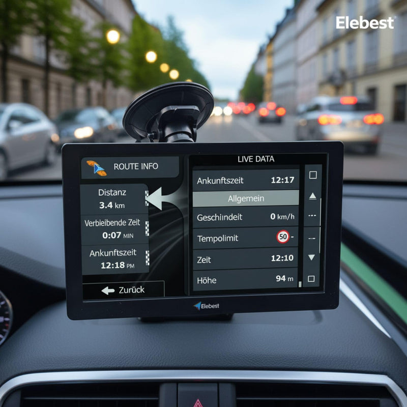 Elebest City 90 – 9 Zoll GPS Navi für Auto, LKW & Wohnmobil | Europa-Karten (52 Länder) mit Updates, Radarwarner, Fahrspurassistent, Bluetooth, POI-Datenbank & Freisprecheinrichtung